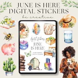 Op de afbeelding: Een set digitale stickers met 50 voorgeknipte afbeeldingen met verschillende zomer- en natuurthema's. De stickers bevatten een surfplank, een mok, een cactus, een spaarpot, een bij, een glas water, een vrouw met een kopje koffie, een stapel boeken, een spiegel en een fles nagellak. De tekst "JUNE IS HERE" staat op de stickervel.