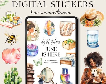 Stickers numériques de juin, Stickers Goodnotes, PNG de l'agenda en ligne, Stickers saisonniers, Stickers prérecadrés, Embellissements mensuels pour scrapbooking