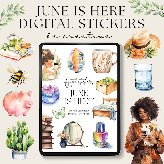 June Digital Stickers, Goodnotes Stickers, Online Planner PNGs, Seasonal Stickers, Pre-Cropped Stickers, Monthly Scrapbooking Embellishments