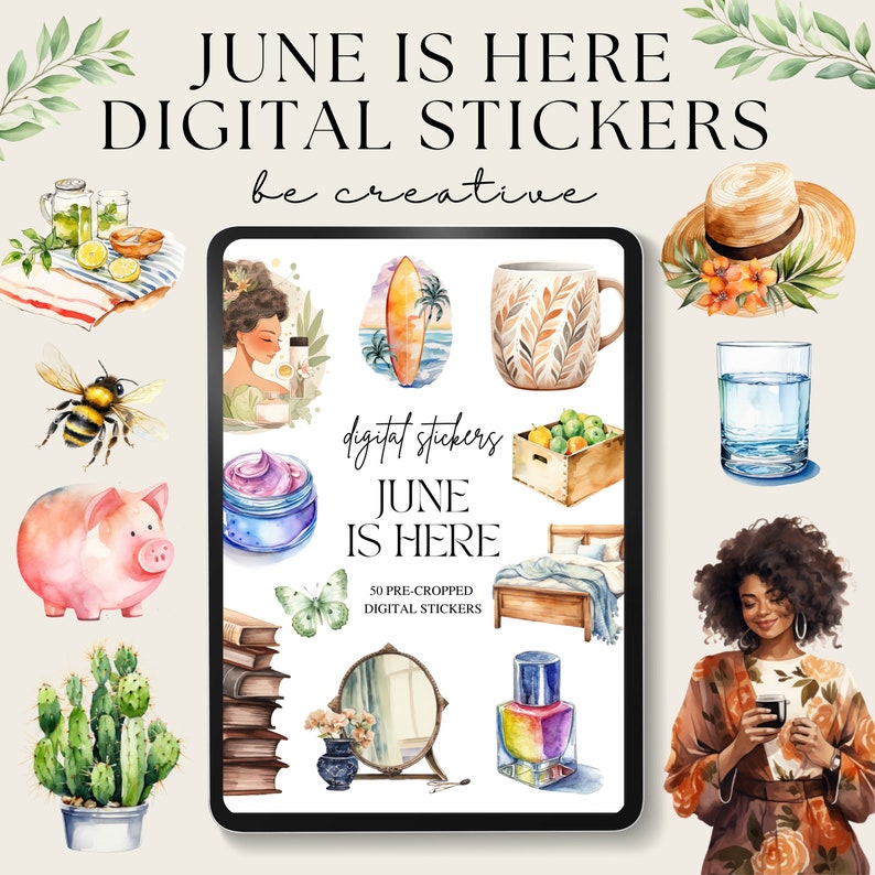 K&ouml;nnte beinhalten: Ein Set digitaler Sticker mit 50 vorgefertigten Bildern zu verschiedenen Sommer- und Naturthemen. Die Sticker beinhalten ein Surfbrett, eine Tasse, einen Kaktus, ein Sparschwein, eine Biene, ein Glas Wasser, eine Frau mit einer Tasse Kaffee, einen Stapel B&uuml;cher, einen Spiegel und eine Flasche Nagellack. Der Text "JUNE IS HERE" ist auf dem Stickerbogen abgebildet.
