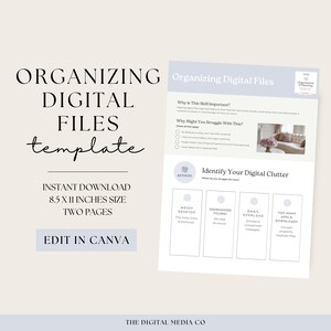 May include: A printable worksheet titled "Organizing Digital Files" with a checklist and an activity to identify digital clutter. The worksheet is designed for 8.5 x 11 inches and can be edited in Canva.