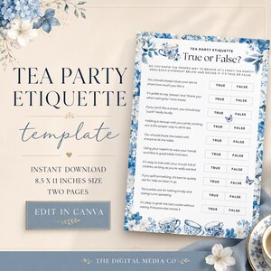Könnte beinhalten: Eine Teeparty-Etikette-Spielkarte mit blau-weißen Blumenrändern, Teetassen-Illustrationen und einem Richtig-oder-Falsch-Quiz. Der Text lautet Tea Party Etiquette True or False, mit Aussagen zu Tischmanieren und entsprechenden Auswahlfeldern.