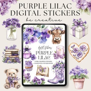 Pegatinas de color lila morado, PNG florales estéticos, libro de pegatinas de Goodnotes, flores para álbumes de recortes digitales, clipart violeta bonito, pegatinas para planificador