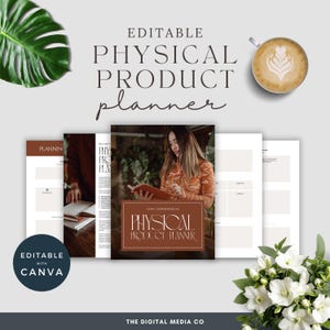 Peut inclure: Un planificateur de produits avec le texte "PHYSICAL PRODUCT planner" dans un design marron et blanc. L'image comprend une femme lisant un livre, une tasse de café et des fleurs blanches. Le planificateur est modifiable avec Canva.