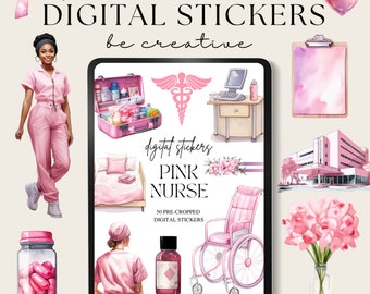 May include: A digital sticker set featuring pink and white illustrations of a nurse, medical supplies, a hospital, and flowers. The text "digital stickers PINK NURSE 50 PRE-CROPPED DIGITAL STICKERS" is included in the image.