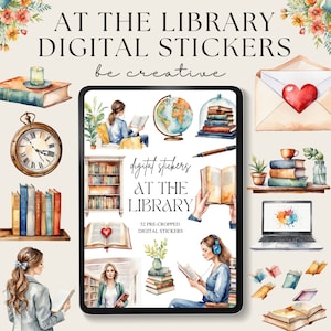 May include: A digital sticker set featuring watercolor illustrations of books, a globe, a coffee cup, a laptop, and a woman reading. The stickers are pre-cropped and perfect for adding a touch of whimsy to your digital planner or journal. The text on the image reads "digital stickers AT THE LIBRARY 52 PRE-CROPPED DIGITAL STICKERS".
