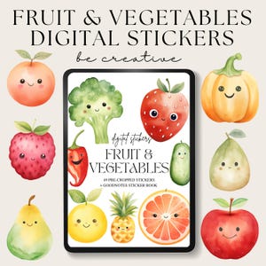 May include: A digital sticker set with watercolour illustrations of fruits and vegetables, such as a strawberry, broccoli, and a pumpkin. The text reads "FRUIT & VEGETABLES DIGITAL STICKERS" and "be creative". Includes 49 pre-cropped stickers and a GoodNotes sticker book.