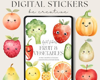 Adesivos digitais de frutas, adesivos de frutas Goodnotes, planejador de notabilidade, PNGs de alimentos saudáveis, adesivos de fazendeiro, jardinagem, vegetais