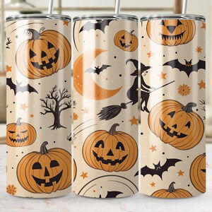 Halloween Digital Tumbler Wrap PNG, Witch on Broomstick, Pumpkins, Bats, Halloween Pattern, Spooky Season,Autumn Vibes
