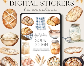 May include: Digital stickers featuring watercolor illustrations of sourdough bread, dough, and baking supplies. The stickers are pre-cropped and come with a Goodnotes sticker book. The text on the image reads "Sour Dough Digital Stickers be creative digitat stickers Sour Dough 53 Pre-Cropped Stickers + Goodnotes Sticker Book".