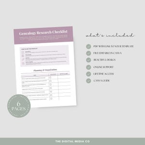 Puede incluir: Una lista de verificaci&oacute;n de investigaci&oacute;n geneal&oacute;gica con un encabezado lavanda y una secci&oacute;n para la planificaci&oacute;n y organizaci&oacute;n. La lista de verificaci&oacute;n incluye secciones para tareas, fechas de vencimiento y notas. La imagen tambi&eacute;n enumera lo que est&aacute; incluido.