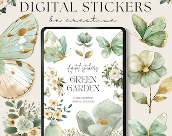 May include: A digital download of 50 pre-cropped green garden stickers featuring butterflies, flowers, and leaves. The stickers are perfect for adding a touch of nature to your digital projects.