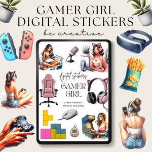 May include: A digital sticker set featuring 51 pre-cropped images of gamer girls, gaming accessories, and other related items. The text "digitat stickers GAMER GIRL 51 PRE-CROPPED DIGITAL STICKERS" is displayed on a tablet screen.