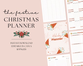 Peut inclure: Un planificateur de Noël imprimable de 10 pages, avec un design festif de houx rouge et vert. Le planificateur comprend des sections pour le budget, la planification des cadeaux, les listes de contrôle des fêtes et une liste de cartes.