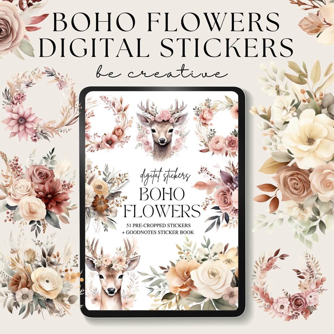 Boho Flower Digital Stickers, Goodnotes Floral Stickers, Plant Stickers ...