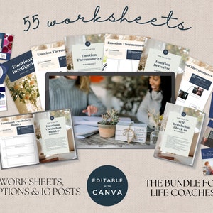 May include: A digital product bundle for life coaches, featuring 55 printable worksheets, captions, and Instagram posts. The worksheets are designed to help clients develop emotional intelligence, self-regulation, and emotional vocabulary. The bundle is editable in Canva.