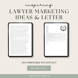 May include: A digital download of a Word document containing 100 companies to contact for lawyer marketing ideas and a sample letter. The document is titled "Inspiring Lawyer Marketing Ideas & Letter" and includes a scale of justice icon.