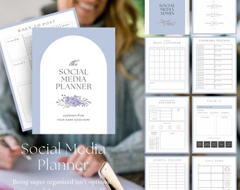 Peut inclure: Un planificateur imprimable bleu clair avec le texte "the social media planner" et un motif floral. Le planificateur comprend des sections pour quand poster, un calendrier de publication, un suivi des mots de passe, des piliers de contenu, un planificateur du samedi, un gestionnaire de hashtags et des tâches quotidiennes.