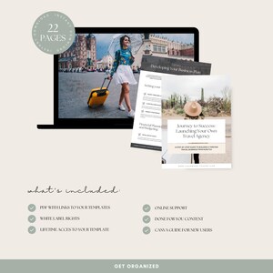 May include: A digital product mockup featuring a laptop displaying a travel agency guide, with the text "Journey to Success: Launching Your Own Travel Agency." Additional documents and the text "What's Included" are also visible.