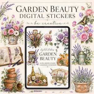 May include: A digital sticker set titled Garden Beauty featuring 52 pre-cropped illustrations of lavender, roses, potted plants, a watering can, a butterfly, and garden-themed stationery items displayed on a tablet screen with a cream background.