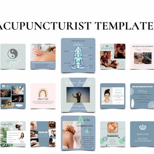 May include: A collection of 12 Instagram post templates for acupuncturists. The templates feature a variety of designs, including images of acupuncture needles, yin yang symbols, and motivational quotes. The templates are in a light blue and pink color scheme.