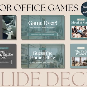 Pu&ograve; includere: Un mazzo di diapositive per giochi da ufficio con il testo "FOR OFFICE GAMES" e "SLIDE DECK". Le diapositive presentano richieste come "Game Over!" e "Meeting Mania". I colori sono grigio, verde acqua e bianco.
