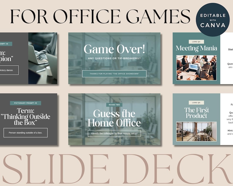 Pu&ograve; includere: Un mazzo di diapositive per giochi da ufficio con il testo "FOR OFFICE GAMES" e "SLIDE DECK". Le diapositive presentano richieste come "Game Over!" e "Meeting Mania". I colori sono grigio, verde acqua e bianco.