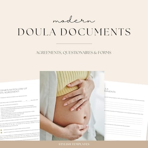 May include: A set of printable doula documents with a modern design. The documents include agreements, questionnaires, and forms. The image shows a pregnant woman holding her belly.