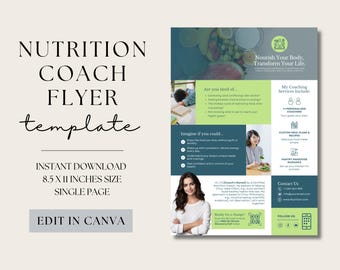 Plantilla de volante de coach de nutrición / Volante de coach de salud editable en Canva / PDF de marketing de bienestar / Volante de coaching imprimible / Descarga instantánea