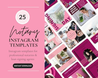 以下が含まれることがあります： 公証人およびローン署名代理店向けの、ピンクとパープルのInstagramテンプレート25個セット。テンプレートには、「署名日」、「オンライン公証サービス」、「お客様の声」などのテキストが含まれています。