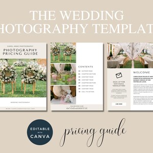May include: A wedding photography pricing guide template with a white background. The template is divided into three sections. The left section features a photo of two chairs decorated with white flowers and greenery. The middle section has a list of contents with headings like "Author Page", "Chapter Section", and "Content Page". The right section has a welcome message and a sign-up form for an email newsletter. The template is editable with Canva.