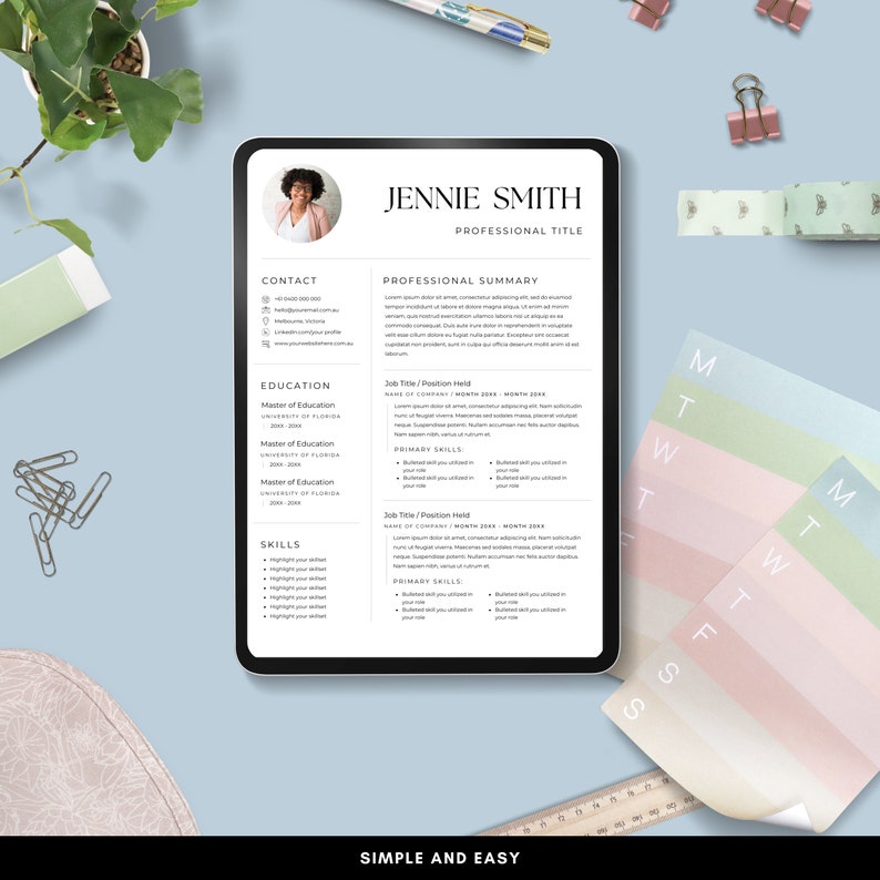May include: A digital tablet displaying a resume for Jennie Smith. The resume includes contact information, education, skills, and professional summary sections. The resume is designed with a simple and easy layout.