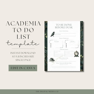 Op de afbeelding: Academia To Do List sjabloon met de tekst "To Be Done Before Dusk". Het ontwerp bevat illustraties van een raaf, klok en theekopje. De sjabloon is 21,6 x 27,9 cm groot en is een enkele pagina.