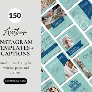 May include: A collection of 150 Instagram templates and captions for authors, writers, and poets. The templates feature a light blue background with blue and white accents. The text includes "Giveaway", "Writing Update", "How to Publish Your Book", "Frequently Asked Question", "Poetry of the Week", and "Download Your Free Guide".