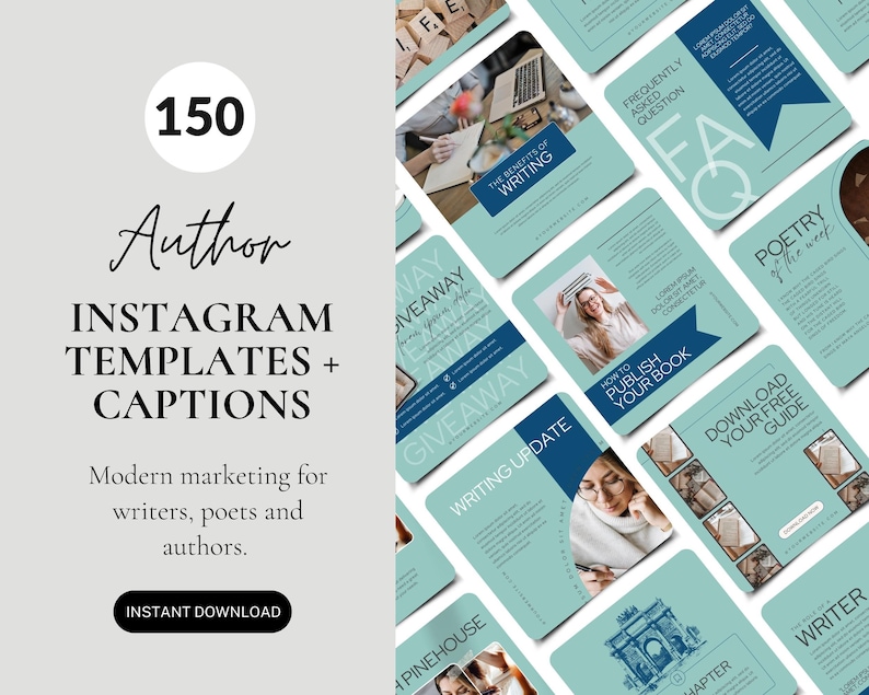 May include: A collection of 150 Instagram templates and captions for authors, writers, and poets. The templates feature a light blue background with blue and white accents. The text includes "Giveaway", "Writing Update", "How to Publish Your Book", "Frequently Asked Question", "Poetry of the Week", and "Download Your Free Guide".