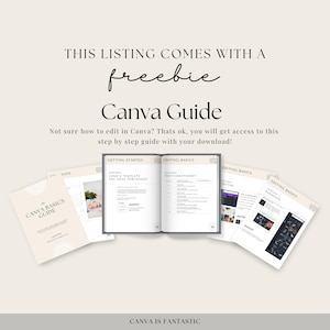 Peut inclure: Un guide Canva avec le texte "Canva Basics Guide" et "Canva is Fantastic" sur la couverture. Le guide comprend des sections sur la prise en main, les bases de l'&eacute;dition, la feuille de triche du texte et les &eacute;l&eacute;ments.