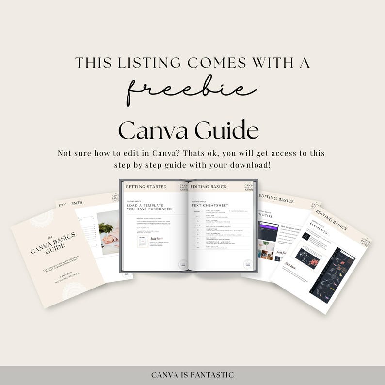 Peut inclure: Un guide Canva avec le texte "Canva Basics Guide" et "Canva is Fantastic" sur la couverture. Le guide comprend des sections sur la prise en main, les bases de l'&eacute;dition, la feuille de triche du texte et les &eacute;l&eacute;ments.