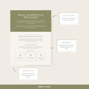 May include: A green and white digital journal cover with the text "What is Spiritual Wellness?" and "Reiki and Energy Healing". The journal also includes the text "Content", "Design", "Results", and "Great Value".