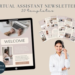 Könnte beinhalten: Eine digitale Illustration einer virtuellen Assistenten-Newsletter-Vorlage mit dem Text "WELCOME" und "SHOP NOW". Die Vorlage ist im minimalistischen Stil mit beigefarbenem Hintergrund und einem hellbraunen Kreis gestaltet. Die Vorlage zeigt ein Foto einer Person, die an einem Laptop arbeitet, und ein Foto einer Person, die ein Telefon hält. Der Text "EDITABLE WITH CANVA" befindet sich in einem blauen Kreis in der linken unteren Ecke des Bildes.