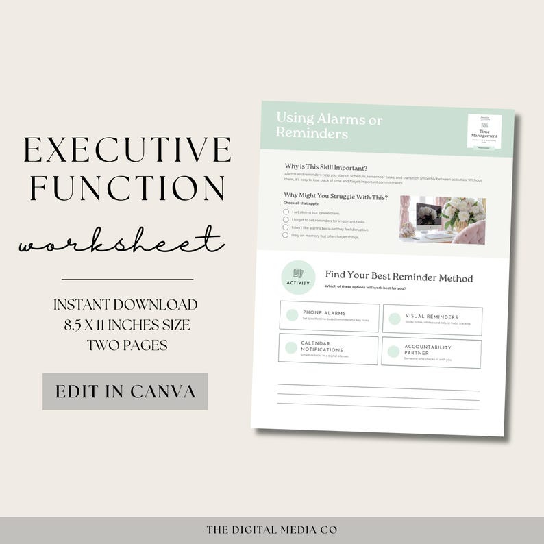 Peut inclure: Une feuille de travail imprimable intitul&eacute;e "Feuille de travail sur les fonctions ex&eacute;cutives" avec un sch&eacute;ma de couleurs vert et blanc. La feuille de travail se concentre sur l'utilisation d'alarmes ou de rappels pour am&eacute;liorer les fonctions ex&eacute;cutives. Elle comprend des sections sur l'importance de cette comp&eacute;tence, les raisons pour lesquelles vous pourriez avoir des difficult&eacute;s &agrave; l'utiliser et une section pour trouver votre meilleure m&eacute;thode de rappel. Les m&eacute;thodes de rappel comprennent les alarmes t&eacute;l&eacute;phoniques, les rappels visuels, les notifications du calendrier et un partenaire de responsabilisation.