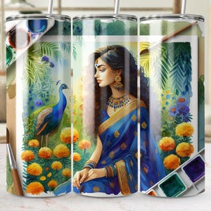 Peacock Lady Digital Tumbler Wrap, Watercolor Art PNG, Indian Saree Design, Marigold Flowers, Elegant Tumbler Design, Printable Art