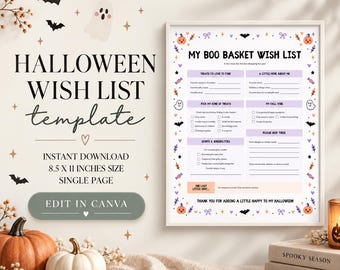 Halloween Boo Basket Wish List Template, Editable Canva Printable, Kids Treat Wishlist, Instant Download