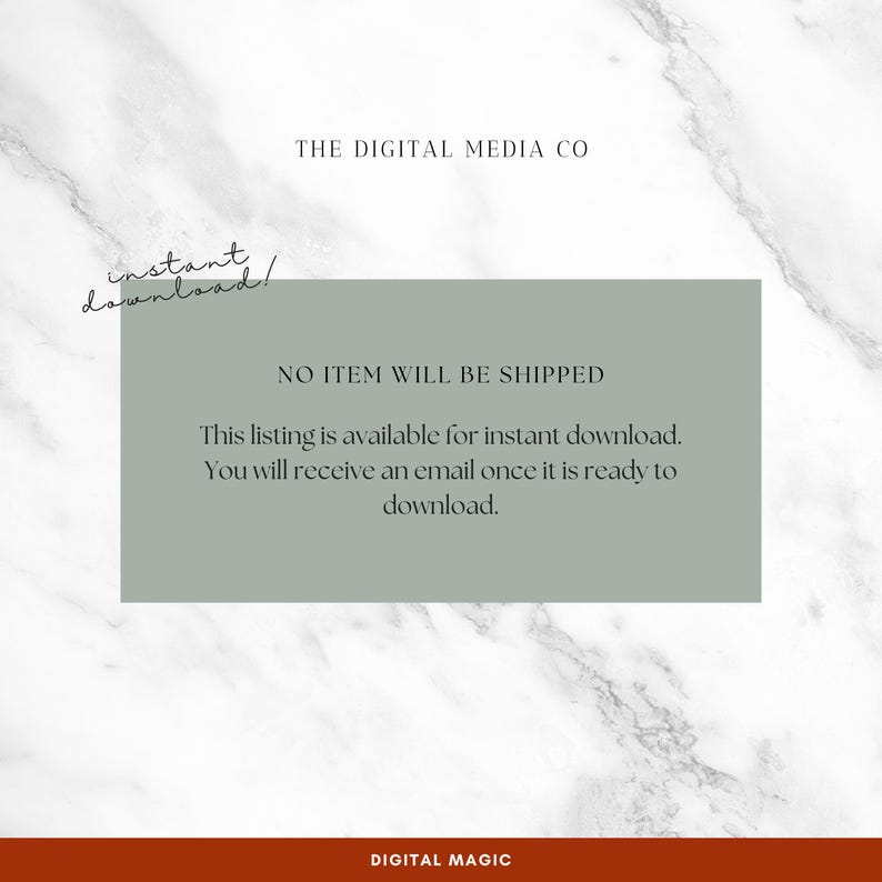 May include: A digital product listing with text that reads "instant download!" and "NO ITEM WILL BE SHIPPED." The listing is available for instant download, and the buyer will receive an email. The background is white with a marble pattern.