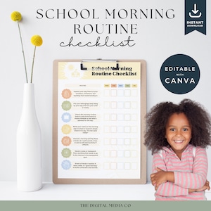 School Morning Routine Checklist,  Kids Morning Char, Editable Back To School Routine List, Canva Instant Download, Back-to-school Printable