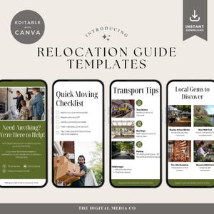Puede incluir: Plantillas digitales de guías de reubicación, que se muestran en maquetas de teléfonos inteligentes. El diseño incluye una lista de verificación de mudanza, consejos de transporte y recomendaciones locales. El esquema de color es verde y blanco, con el texto "Relocation Guide Templates".