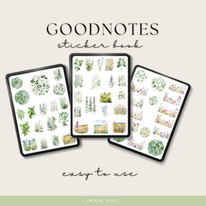 Puede incluir: Tres pantallas digitales que muestran un libro de pegatinas Goodnotes con ilustraciones de acuarela de flores, plantas y paisajes. El texto "Goodnotes sticker book" y "easy to use" es visible en las pantallas. Las pantallas est&aacute;n sobre un fondo beige claro.