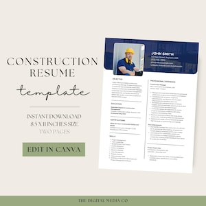 May include: A blue and white resume template for construction managers. The template includes a photo placeholder, sections for objective, professional experience, education, certifications, skills, and key achievements. The template is 8.5 x 11 inches and can be edited in Canva.