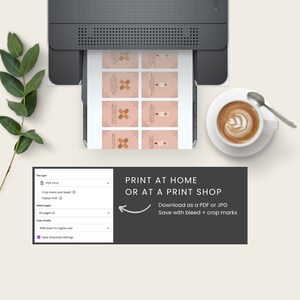 May include: A computer screen showing a print settings menu with options for PDF, crop marks, bleed, and color profile. The text "PRINT AT HOME OR AT A PRINT SHOP" is displayed on a gray background with a white arrow pointing to the left. The text "Download as a PDF or JPG Save with bleed + crop marks" is displayed below the main text.