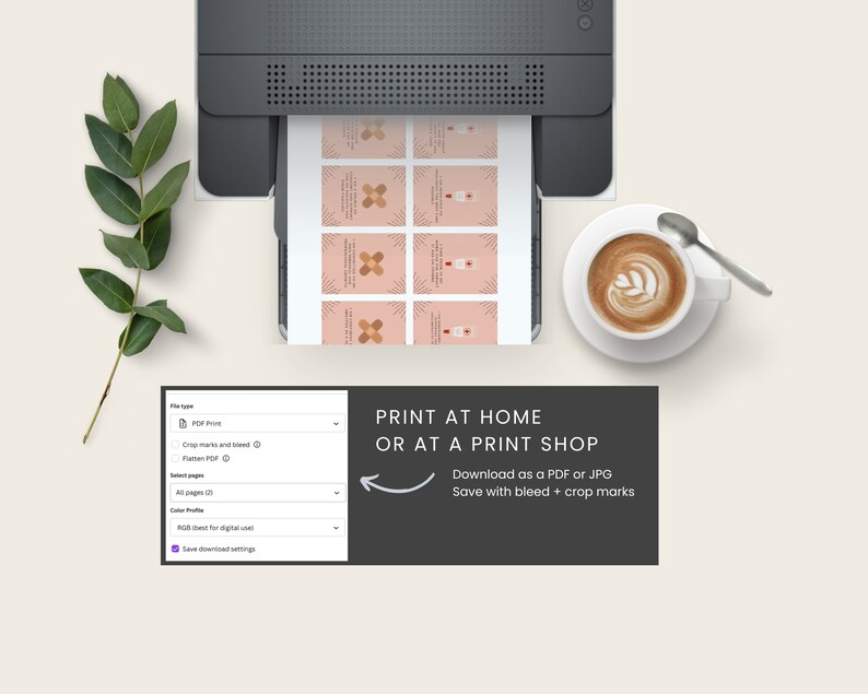 May include: A computer screen showing a print settings menu with options for PDF, crop marks, bleed, and color profile. The text "PRINT AT HOME OR AT A PRINT SHOP" is displayed on a gray background with a white arrow pointing to the left. The text "Download as a PDF or JPG Save with bleed + crop marks" is displayed below the main text.