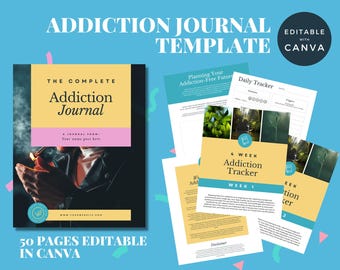 Diario digital sobre adicciones, rastreador digital para adictos, apoyo para la recuperación, libro electrónico imprimible sobre salud mental, recurso para coaches de vida, plantilla de Canva